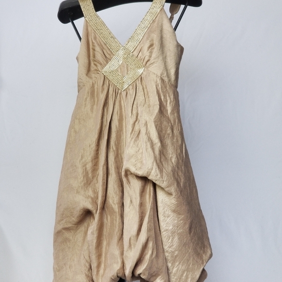 NWT BCBGMAXAZRIA Women's Gold Sequin Beaded Ruched Bubble Hem A-Line Dress US4 - Picture 5 of 10